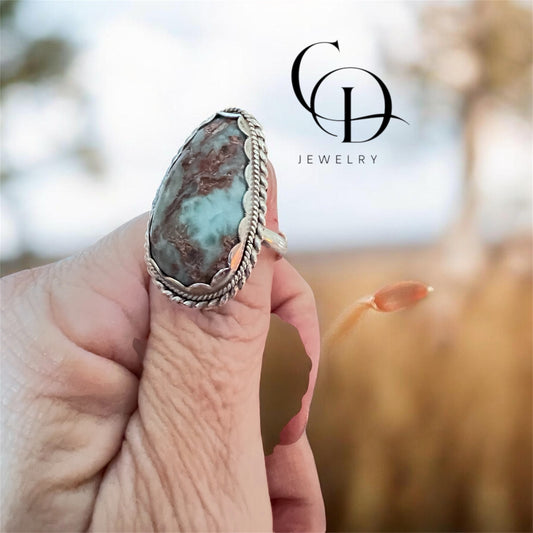 Turquoise stone Set in Sterling Silver Ring - adjustable 6.5-8